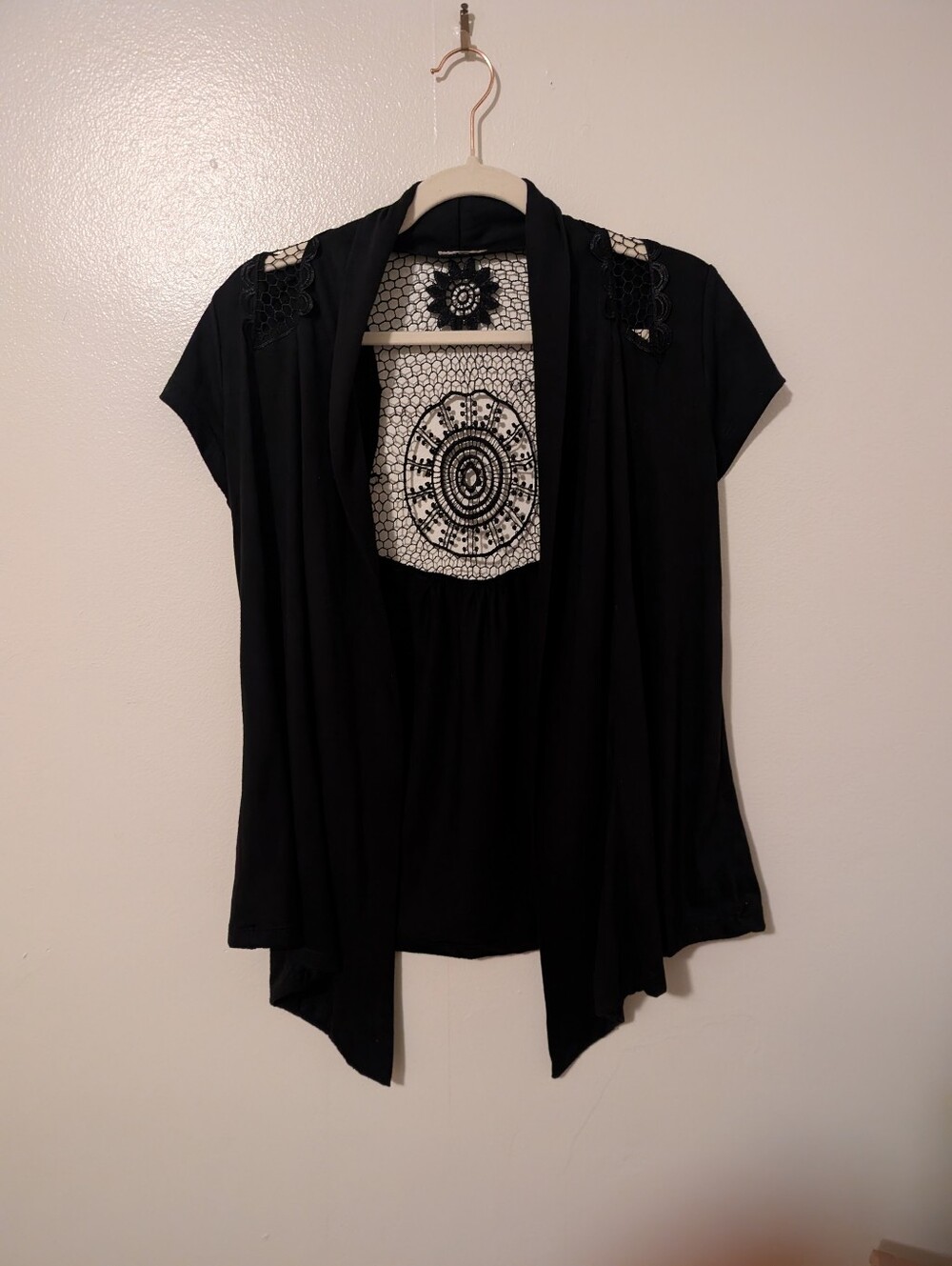 Whimsigoth Black Crochet Lace Mandala Back Waterfall Drape Cardigan Top